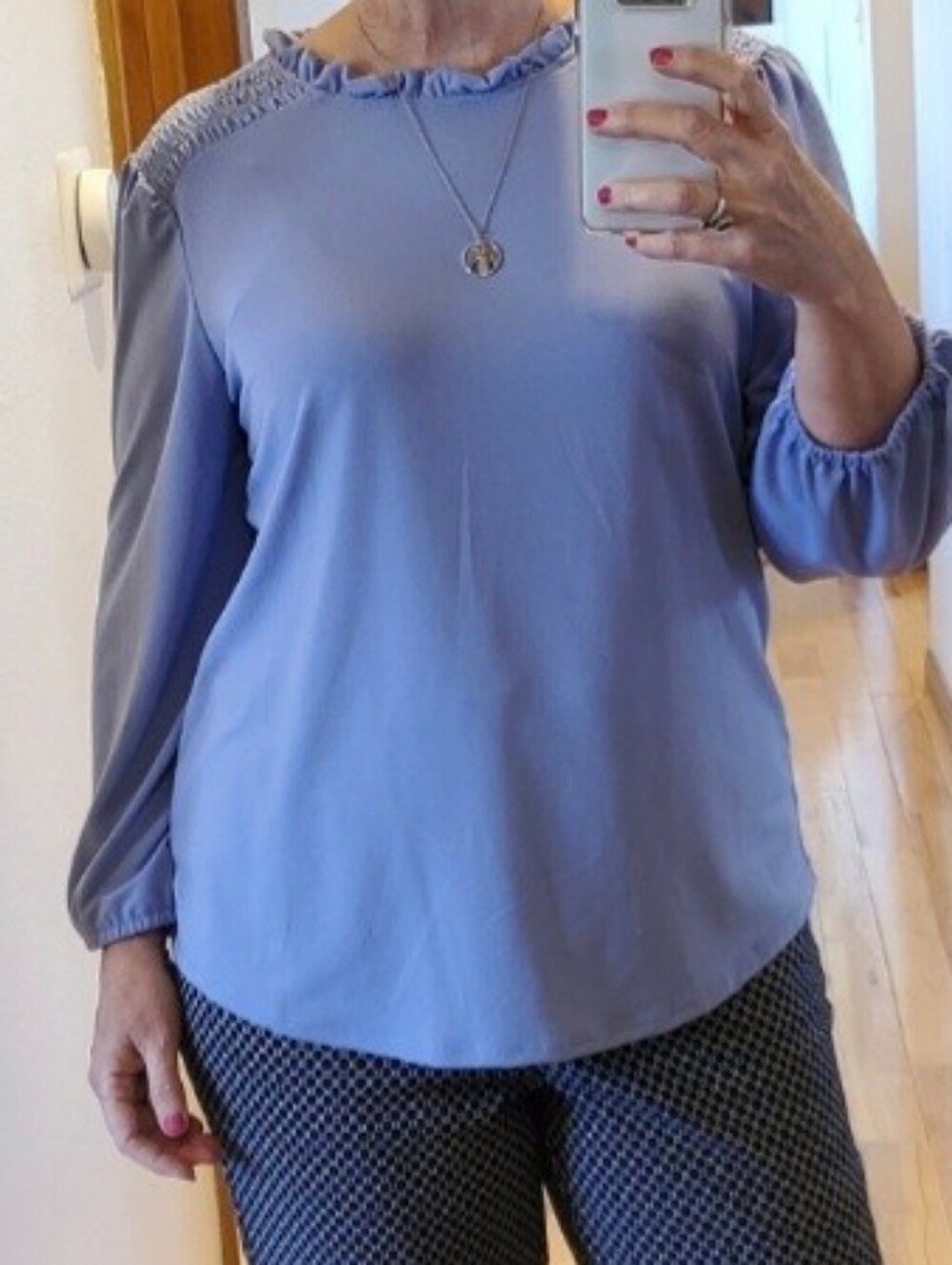 Adrianna Papell Lavender Long-Sleeve Blouse with Smocked Shoulders - Picture 11 of 11